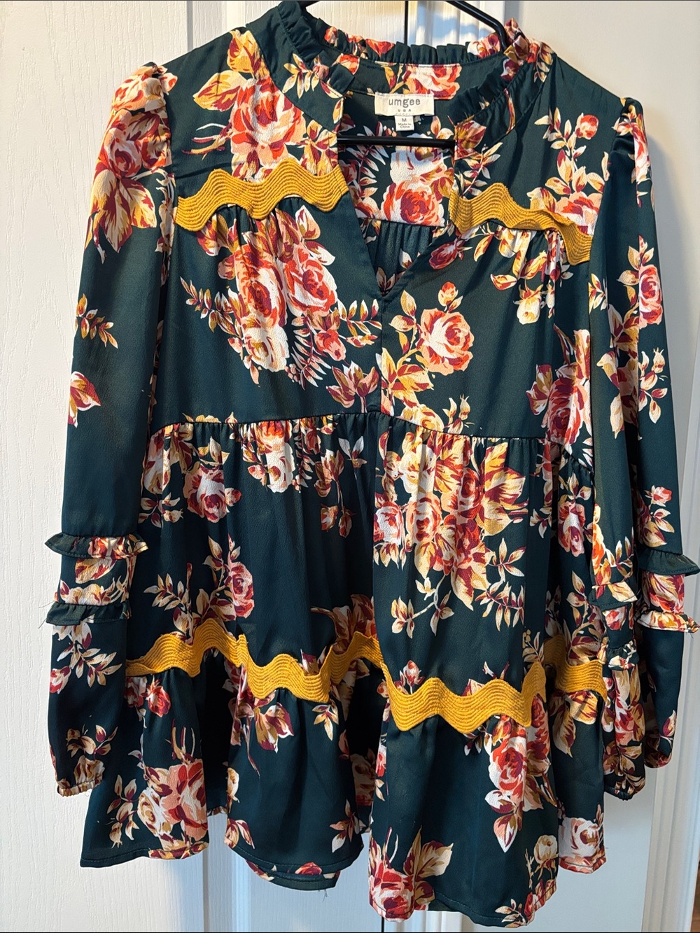 Umgee Dark Green Floral Tiered Blouse with Mustard Trim